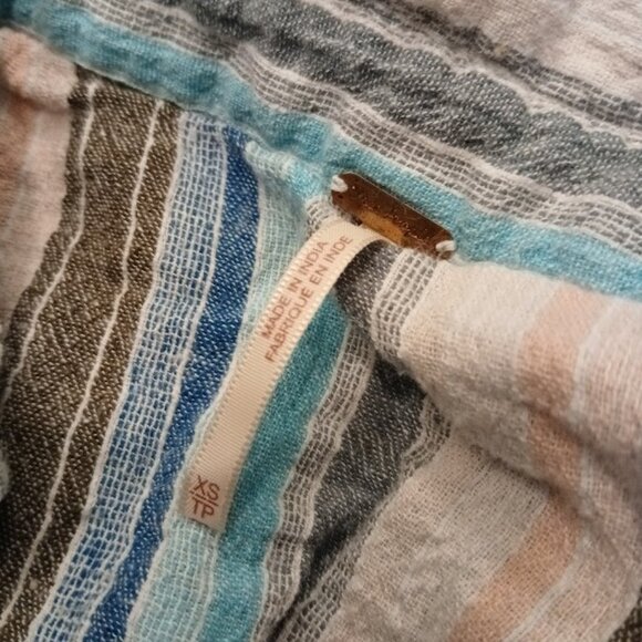 FREE PEOPLE Snap Up Shirt XS Blue Peach Gray Ivory Linen Blend Boho Long sleeve - Picture 10 of 11